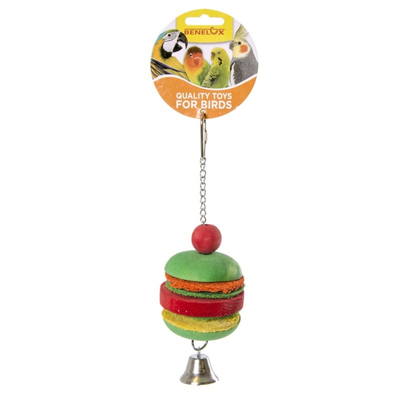 JOUET OISEAUX BOIS HAMBURGER+CLOCHE